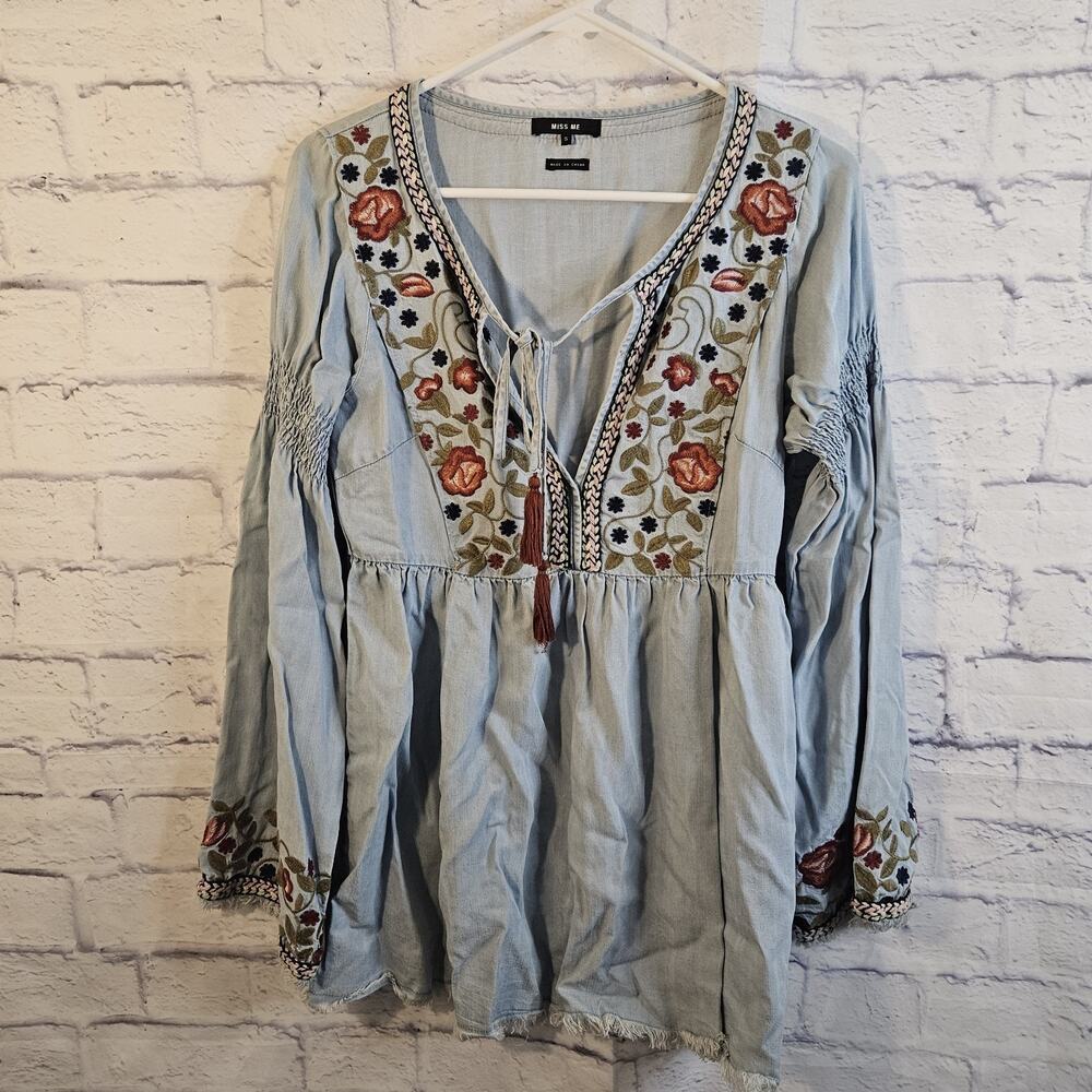 Miss Me Women's Small Blue BOHO Embroidered Tunic Mini Dress Long Sleeve